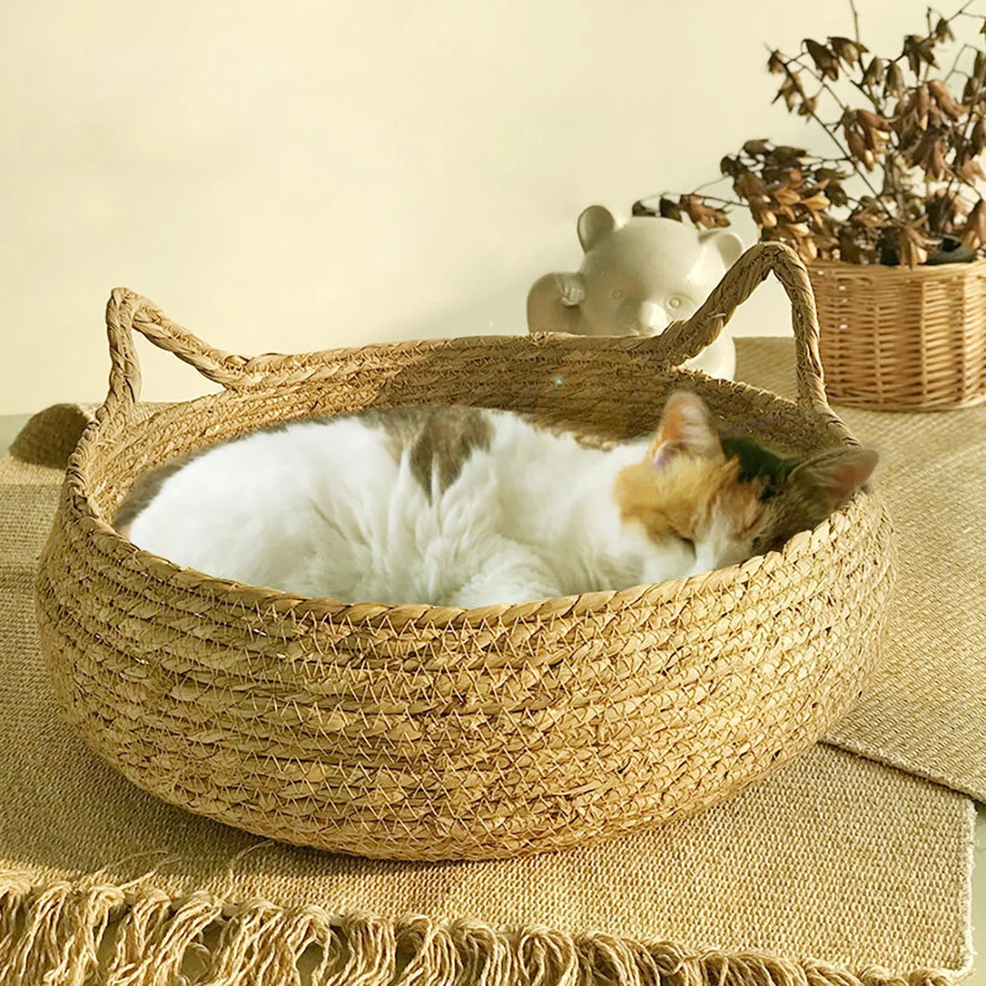 Panier Lit en Rotin pour Chat et Chien - Niche Naturelle Confortable