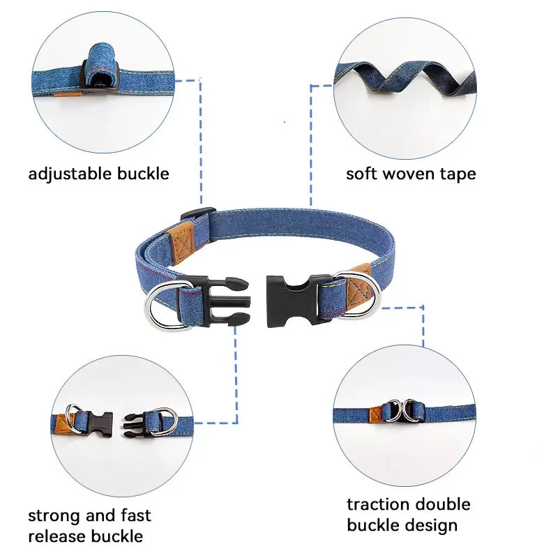 Laisse et Collier Chien Denim Rétro Anneau D Métal - Style Western Rayures