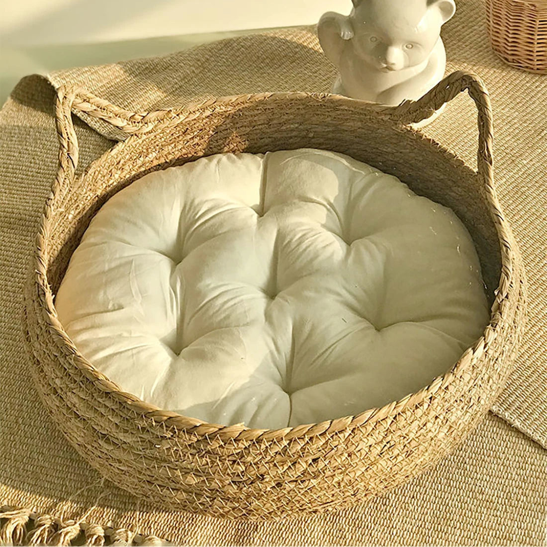 Panier Lit en Rotin pour Chat et Chien - Niche Naturelle Confortable