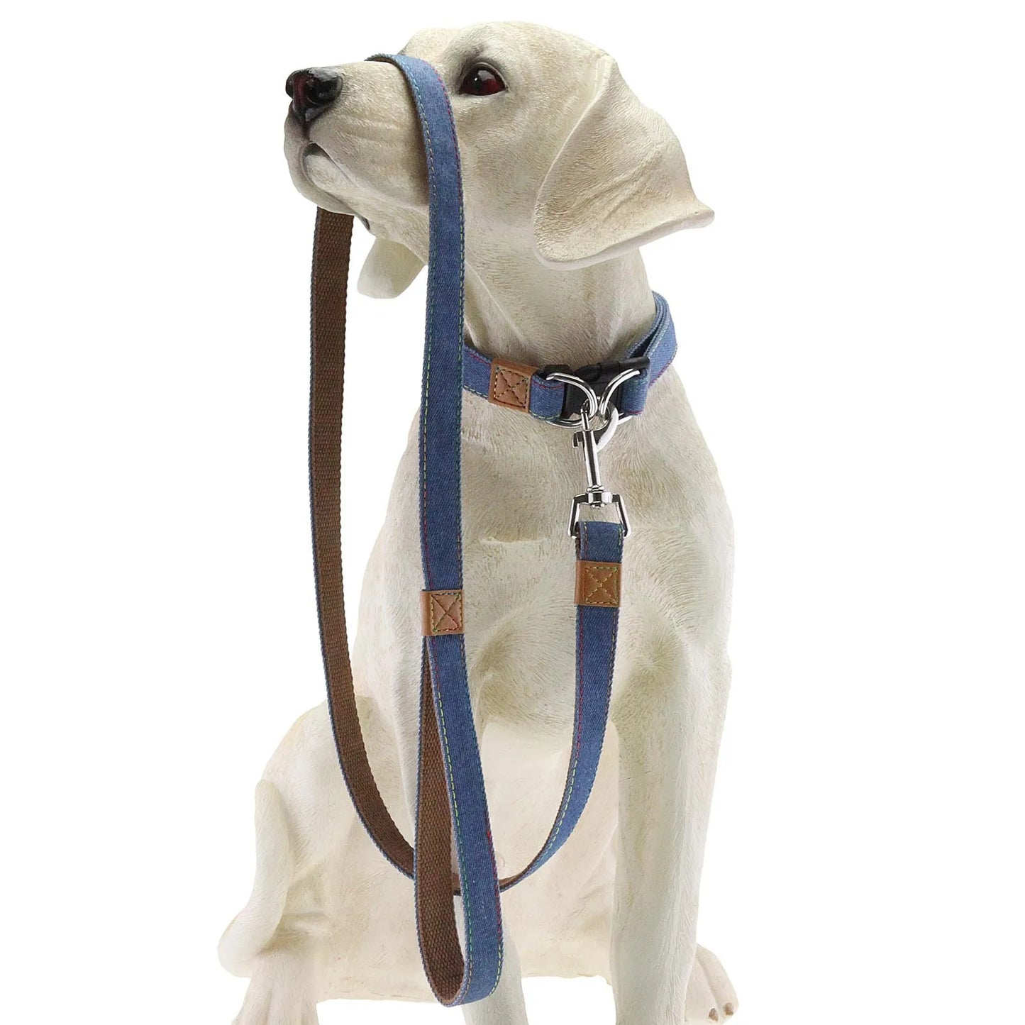 Laisse et Collier Chien Denim Rétro Anneau D Métal - Style Western Rayures