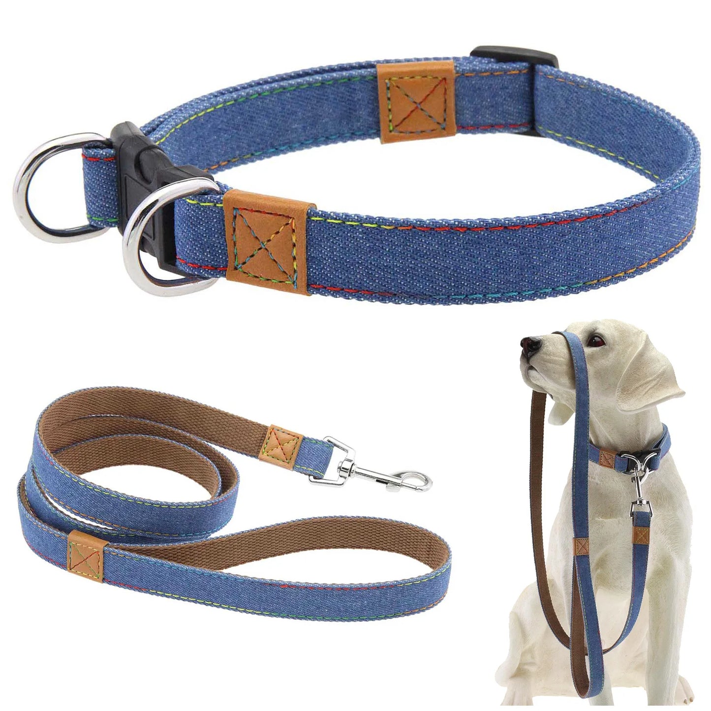 Laisse et Collier Chien Denim Rétro Anneau D Métal - Style Western Rayures