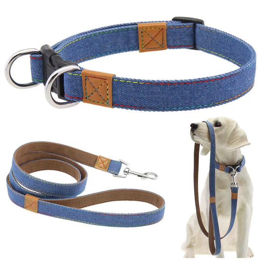 Laisse et Collier Chien Denim Rétro Anneau D Métal - Style Western Rayures