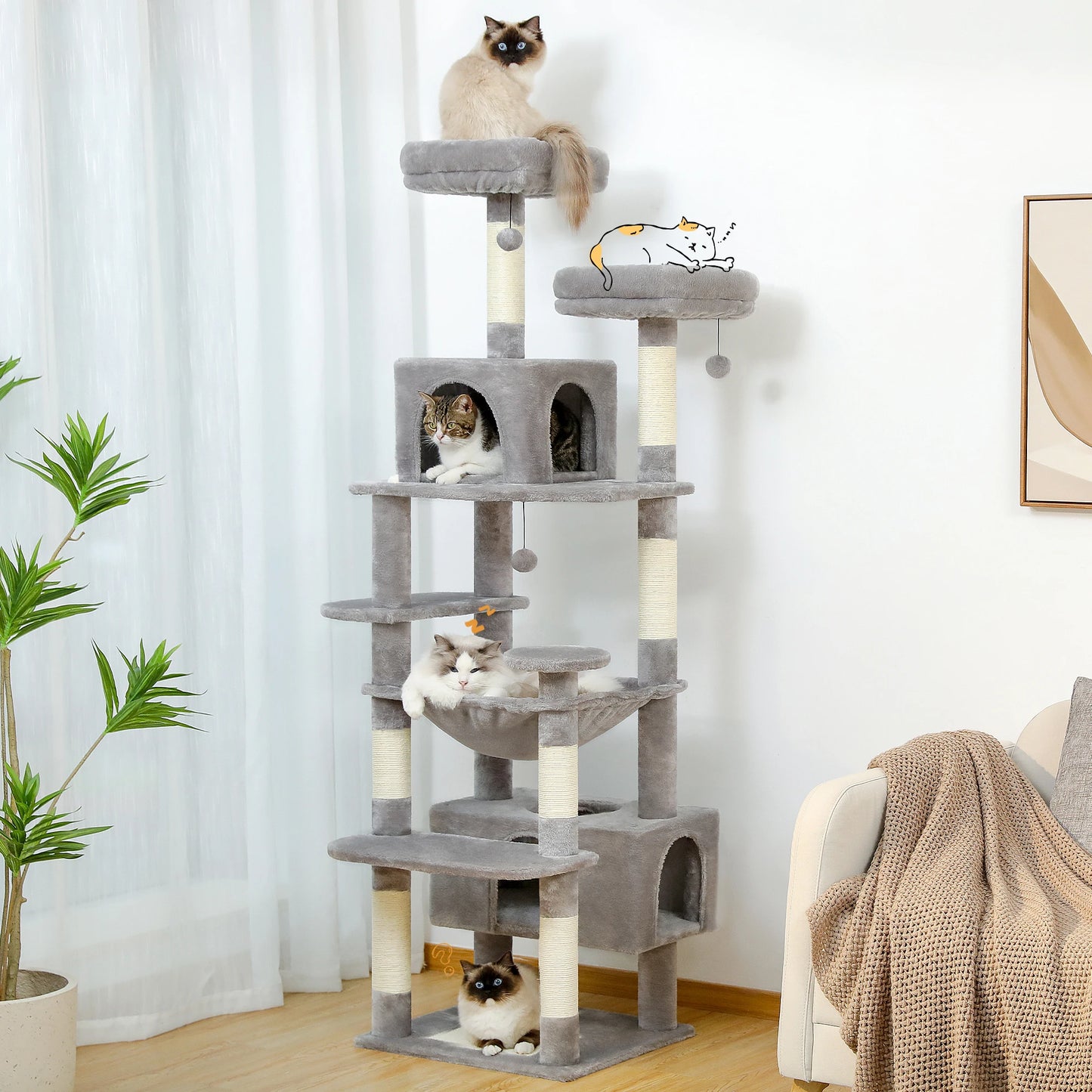 Grand Arbre à Chat 184cm avec Hamac et Griffoirs Sisal - Tour Chat Gris.