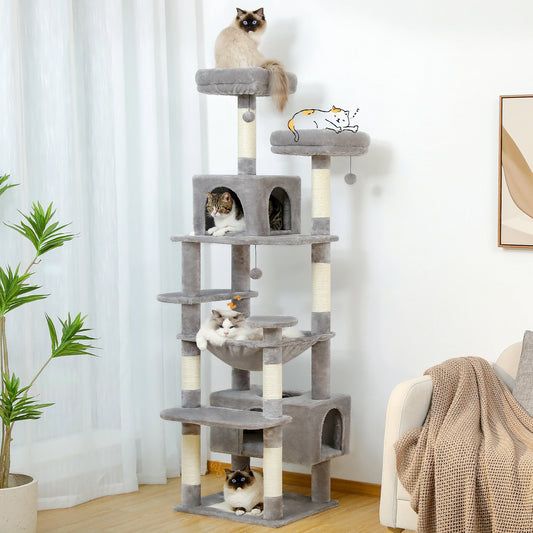 Grand Arbre à Chat 184cm avec Hamac et Griffoirs Sisal - Tour Chat Gris.