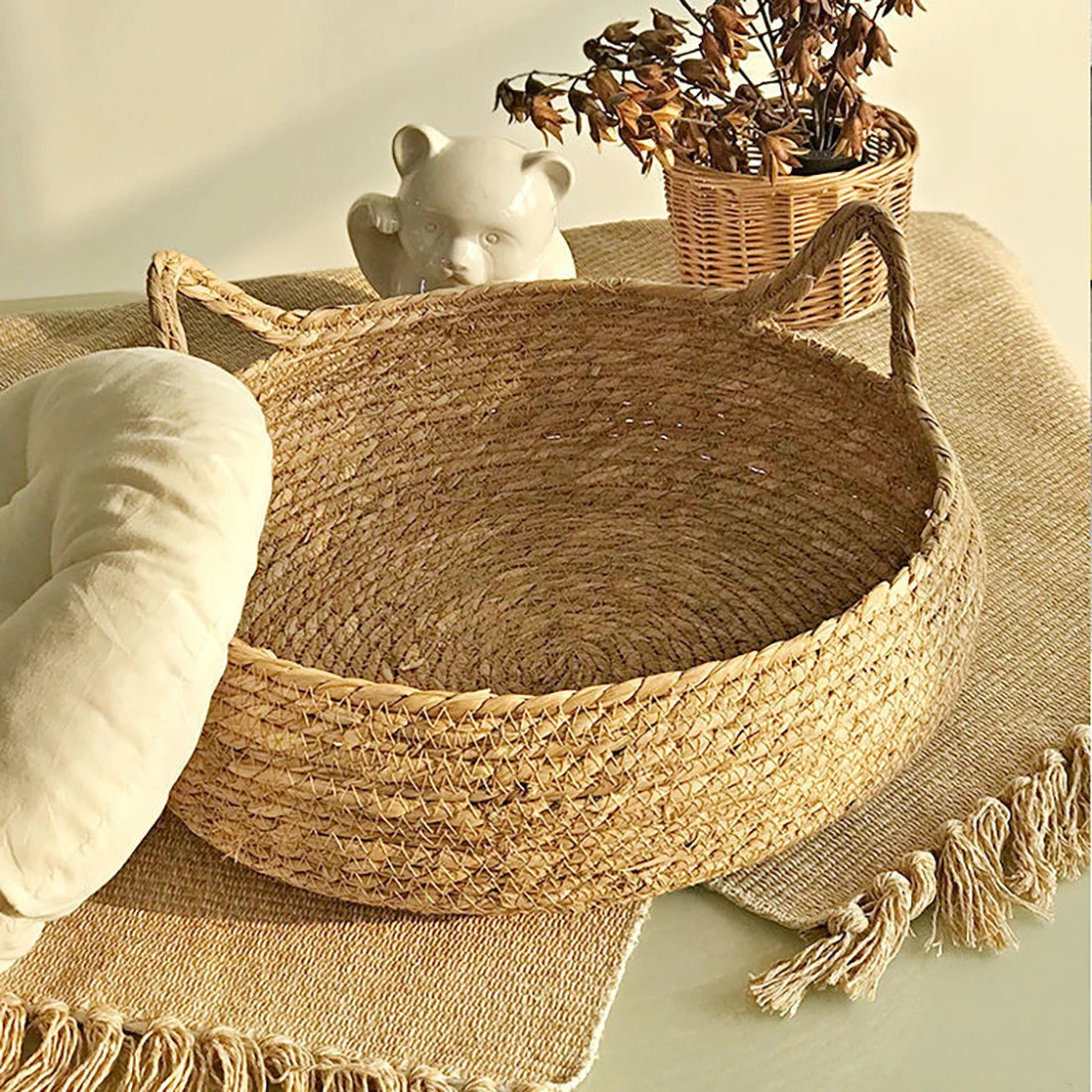 Panier Lit en Rotin pour Chat et Chien - Niche Naturelle Confortable