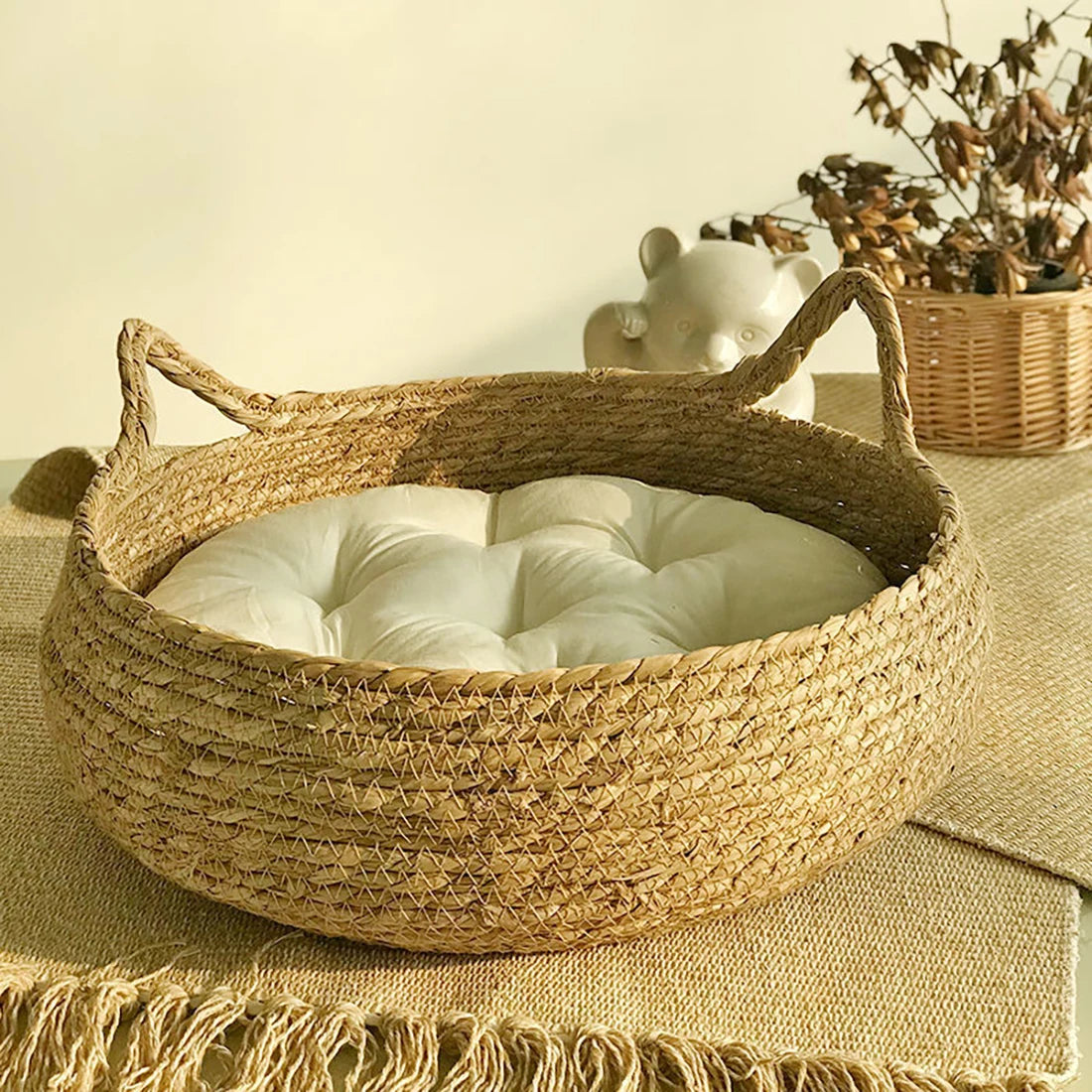 Panier Lit en Rotin pour Chat et Chien - Niche Naturelle Confortable