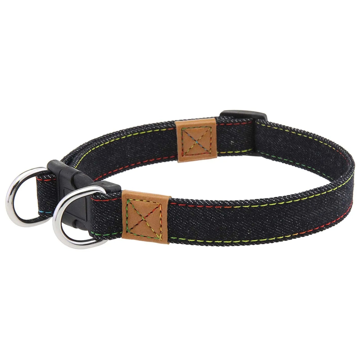 Laisse et Collier Chien Denim Rétro Anneau D Métal - Style Western Rayures