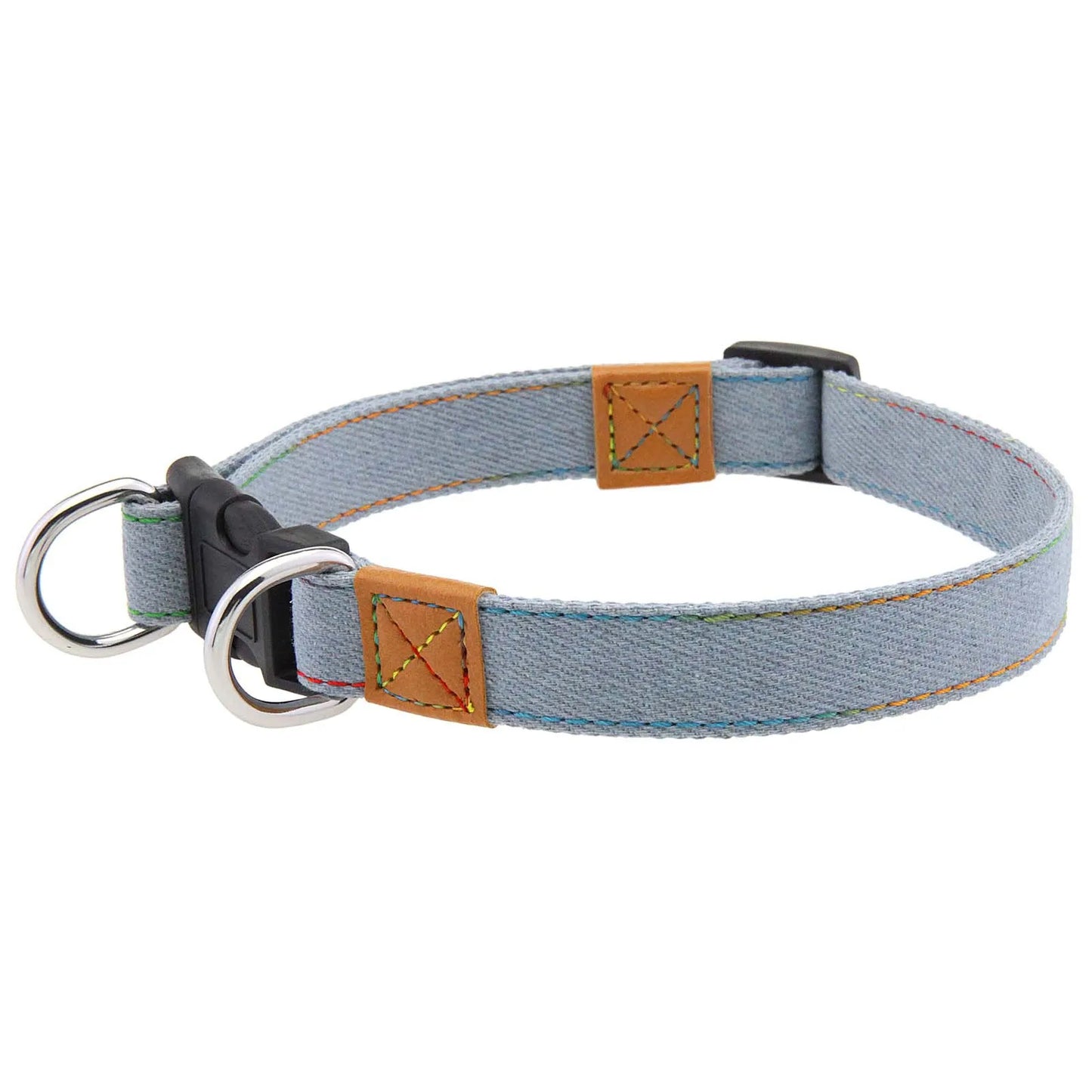 Laisse et Collier Chien Denim Rétro Anneau D Métal - Style Western Rayures