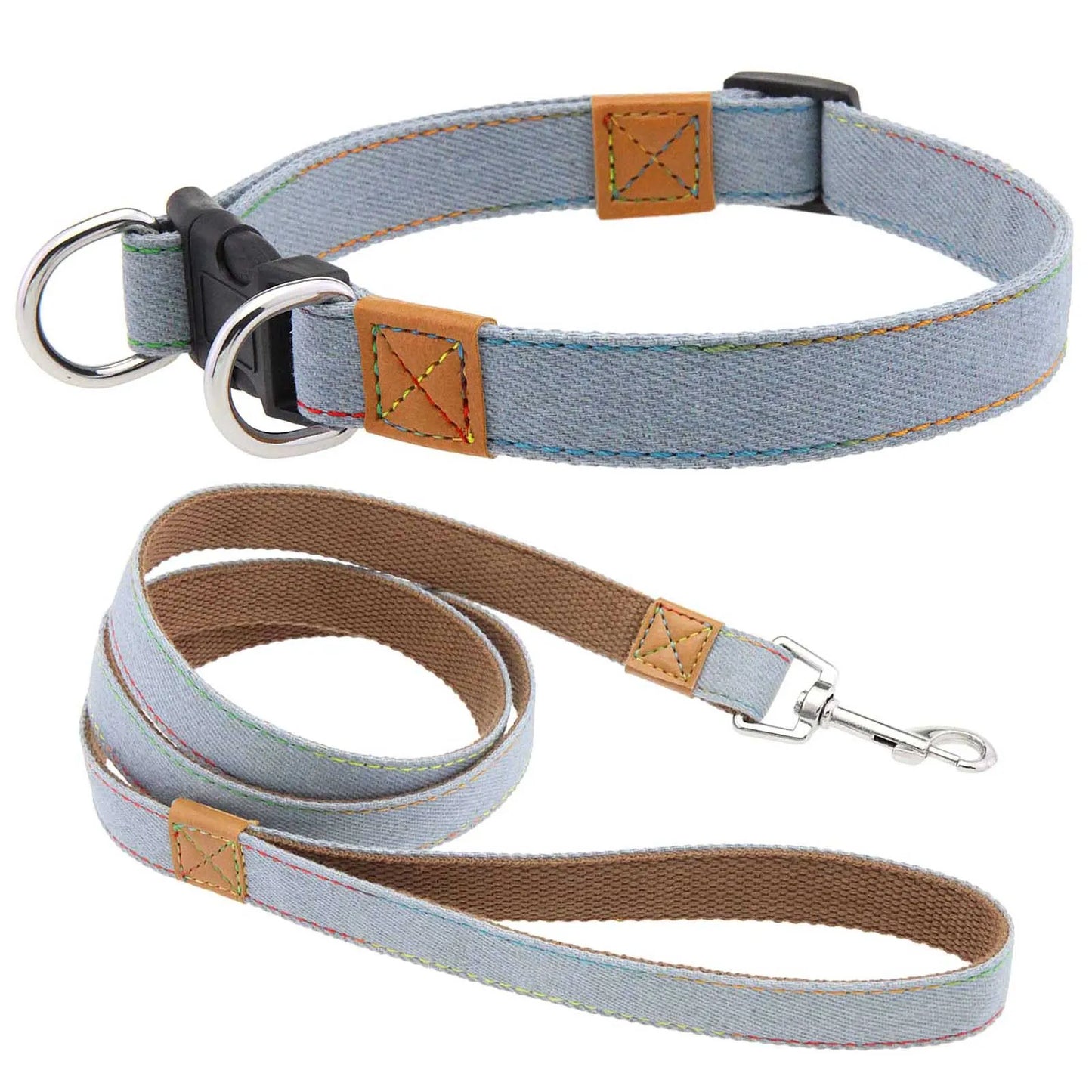 Laisse et Collier Chien Denim Rétro Anneau D Métal - Style Western Rayures