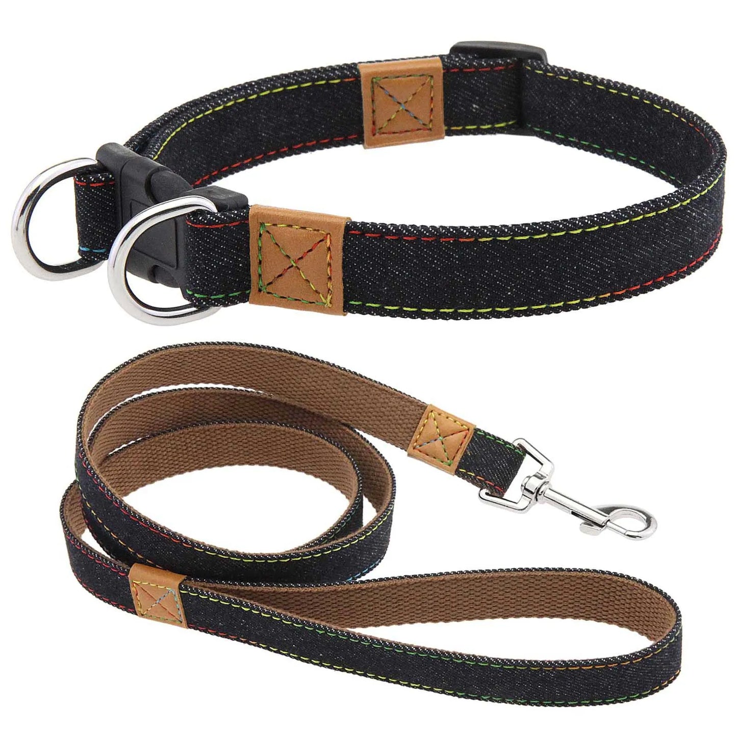 Laisse et Collier Chien Denim Rétro Anneau D Métal - Style Western Rayures