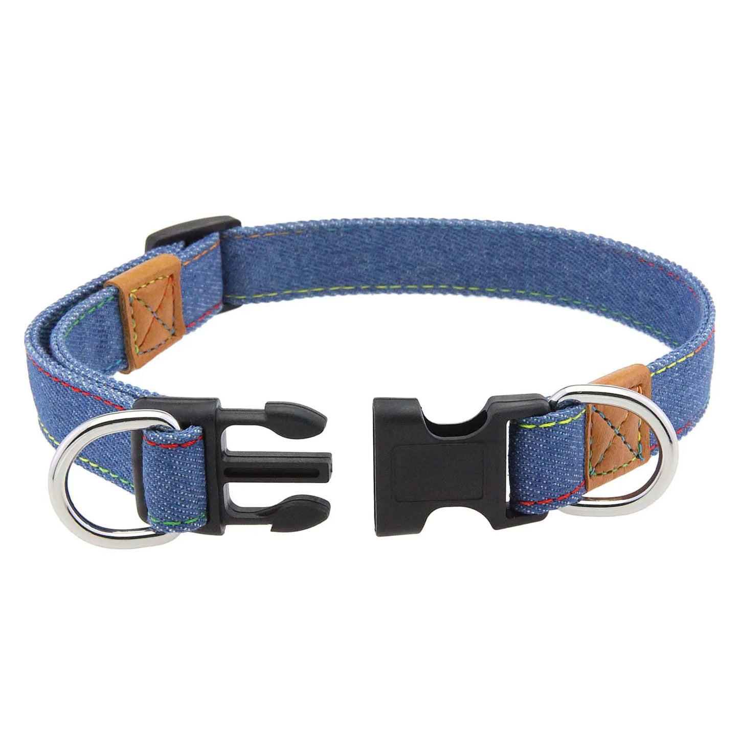 Laisse et Collier Chien Denim Rétro Anneau D Métal - Style Western Rayures