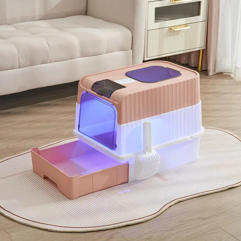 Litière Chat Fermée Anti-Odeur UV - Bac à Litière Tiroir Grande Taille.