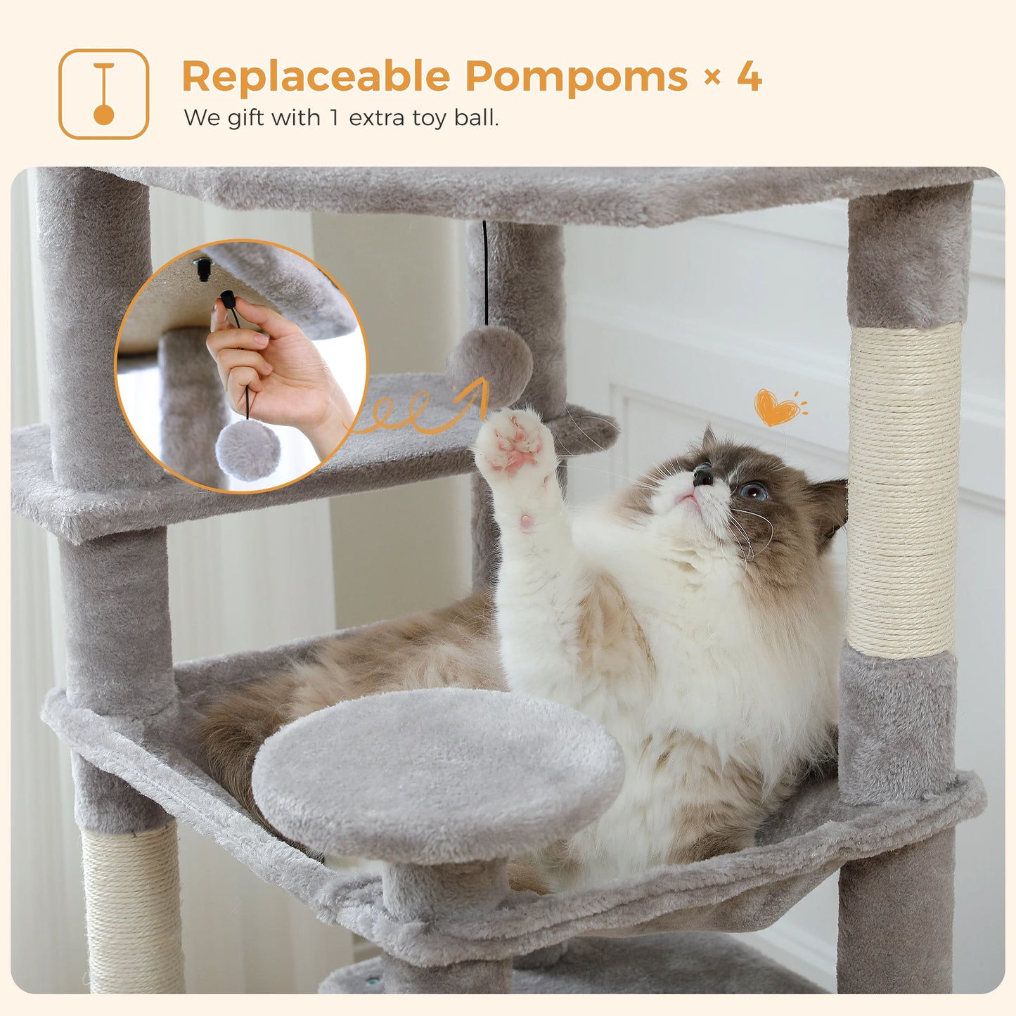 Grand Arbre à Chat 184cm avec Hamac et Griffoirs Sisal - Tour Chat Gris.