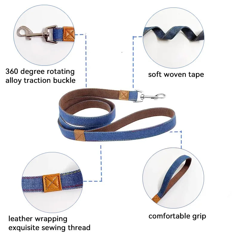 Laisse et Collier Chien Denim Rétro Anneau D Métal - Style Western Rayures