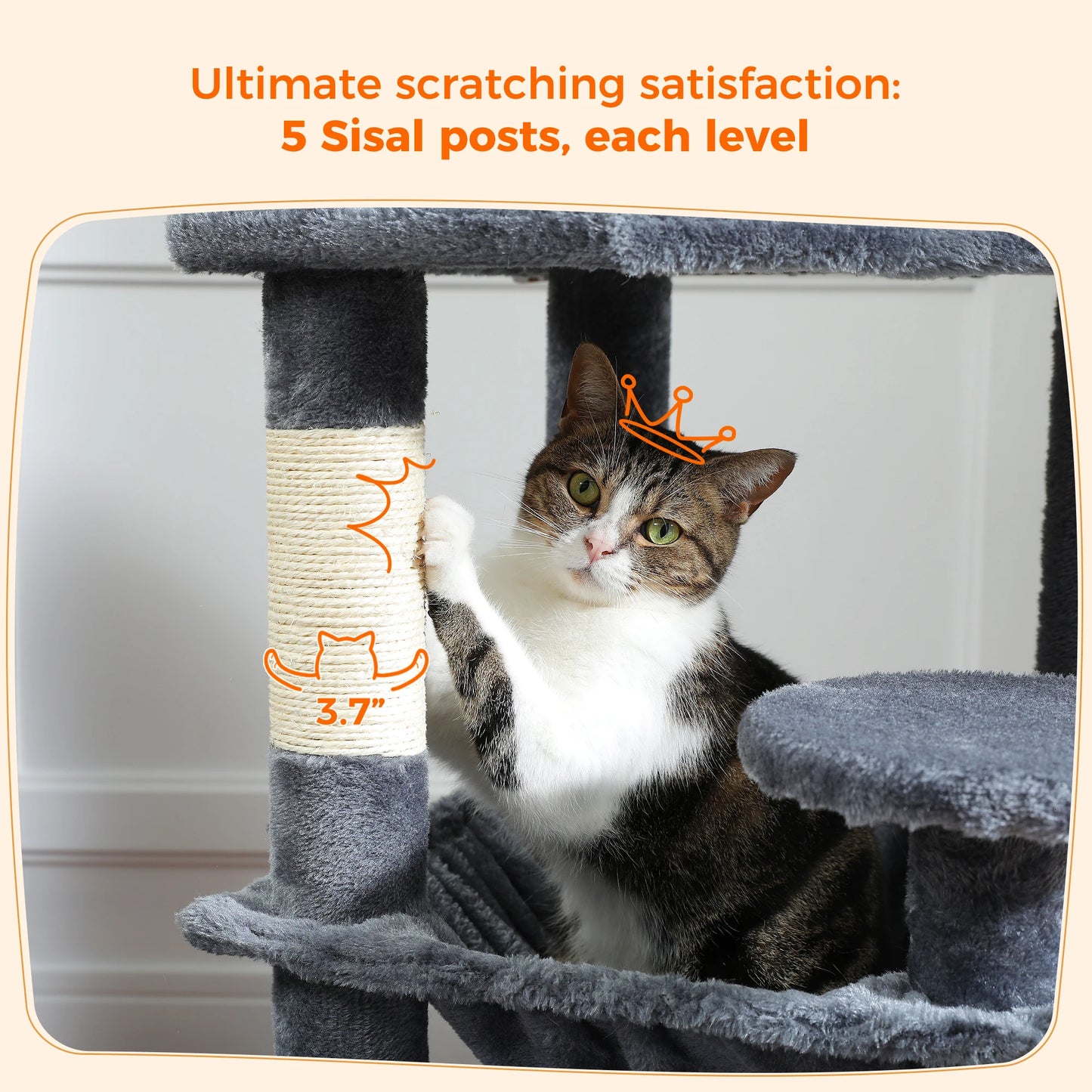 Grand Arbre à Chat 184cm avec Hamac et Griffoirs Sisal - Tour Chat Gris.