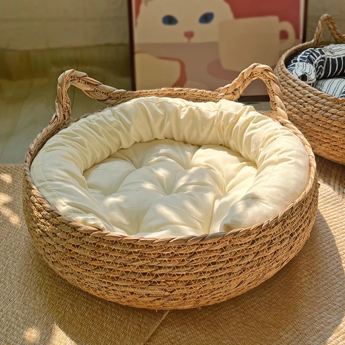 Panier Lit en Rotin pour Chat et Chien - Niche Naturelle Confortable